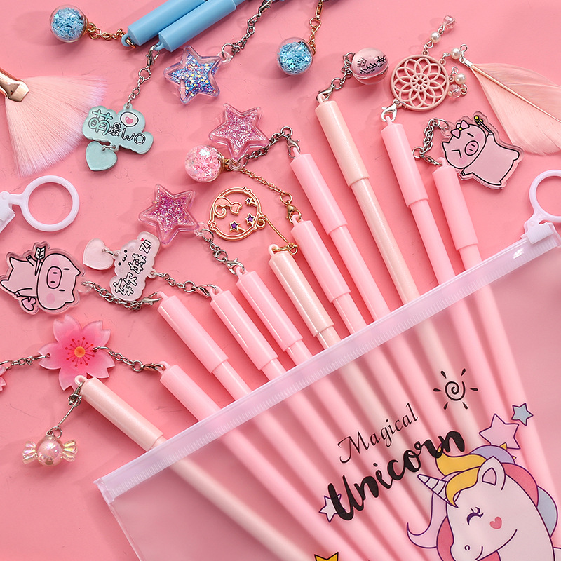 创意少女粉色吊坠笔可爱卡通中性笔组合套装风铃挂件签字笔10支装