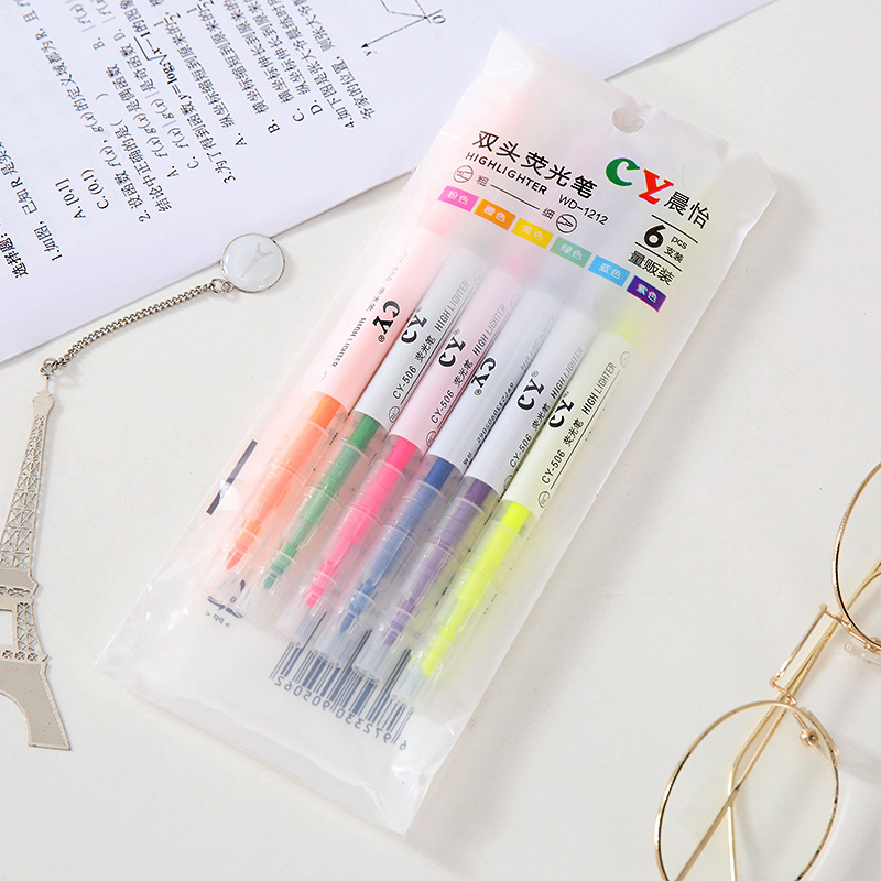 厂家直销双头荧光笔6支装 彩色荧光笔重点划线标记笔螢光筆文具