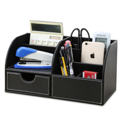现货批发创意皮革大笔筒时尚方形桌面办公文具盒多功能黑色收纳盒