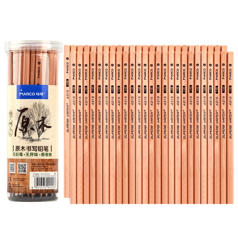 马可macro书写办公小学生原木HB带橡皮擦头的铅笔30 50支桶装4215