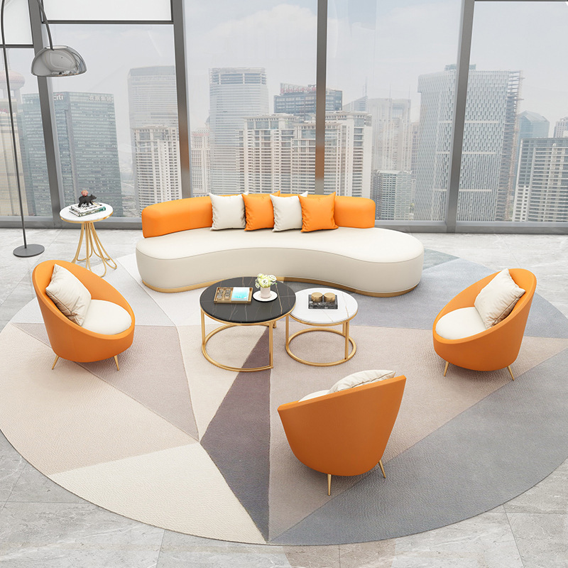 轻奢办公室异形沙发茶几组合简约现代皮制弧形沙发会客区皮艺沙发