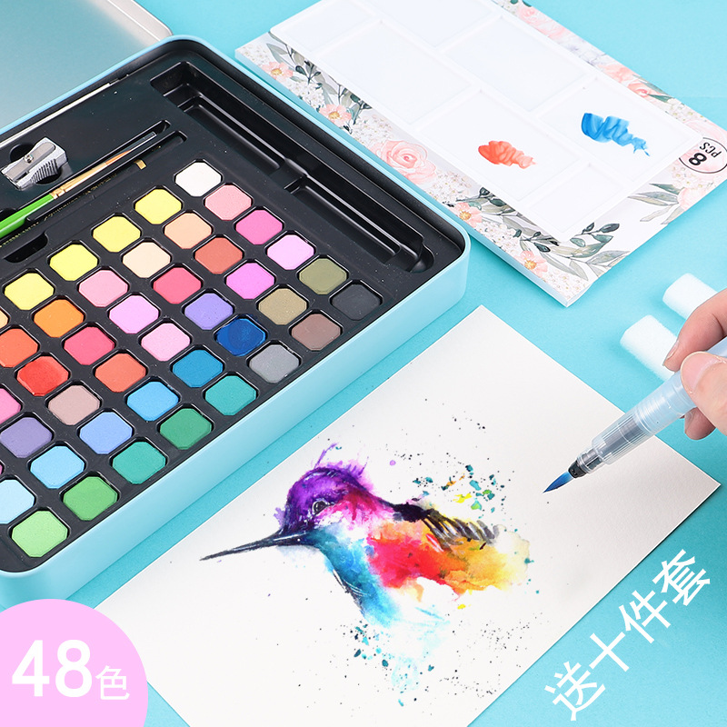 紫云轩48色初学者美术水彩固体颜料套装铁盒手绘颜料批发厂家