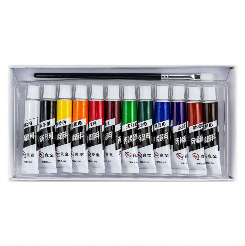 丙烯颜料12色铝管含画笔套装12ml9.5ml儿童彩绘手绘纺织墙绘防水