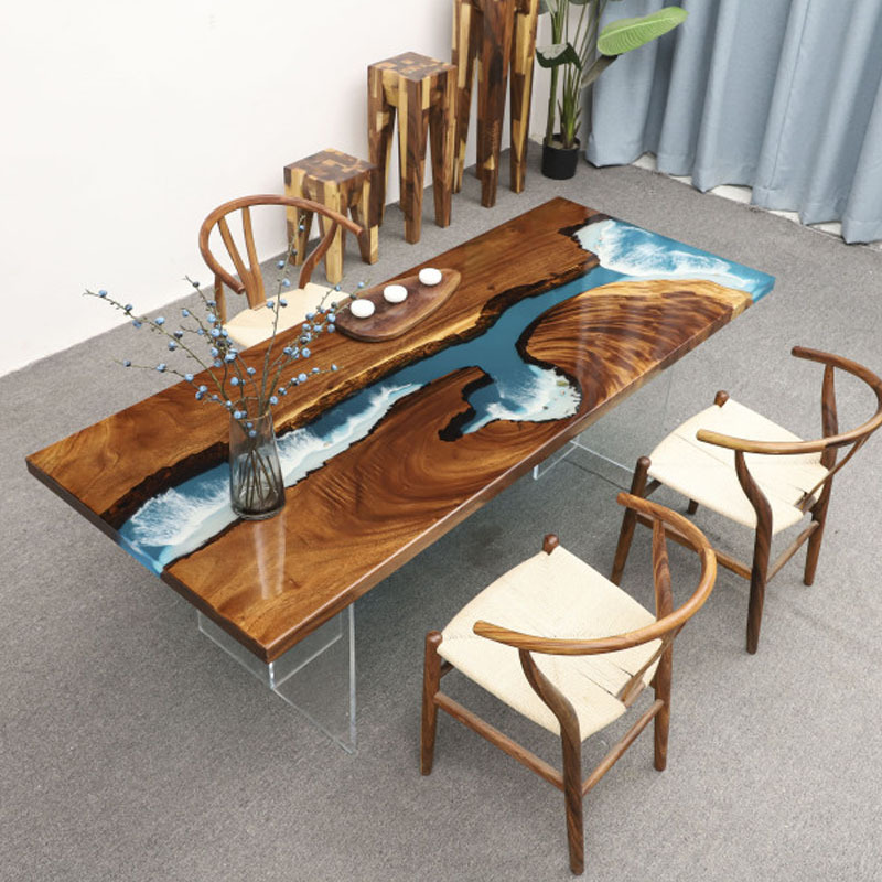 环氧树脂河流桌子胡桃木实木大板桌白杨木茶桌茶几透明原木板餐桌