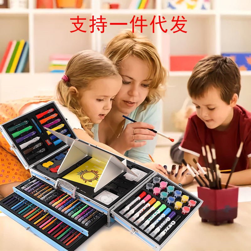 238件套文具绘画画画美术套装 造型蜡笔软毛双头水彩笔画板炫彩棒