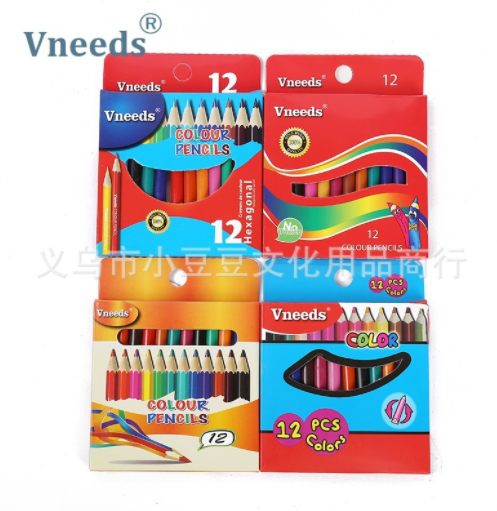 Vneeds12色短彩色铅笔初学者绘画套装外贸幼儿园涂鸦绘画可做款式