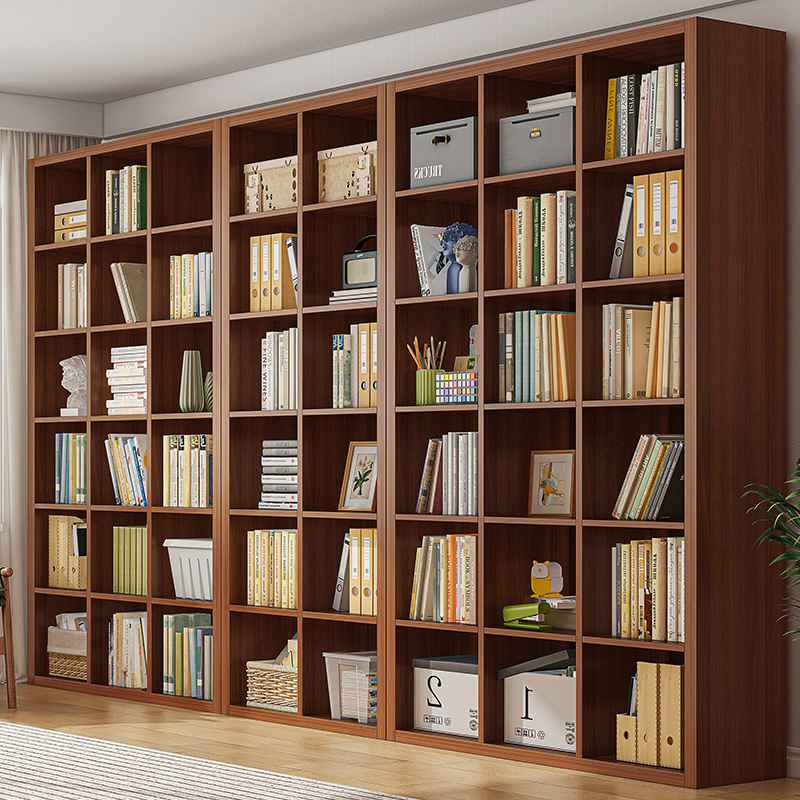 图书馆书架落地置物架客厅书柜一体整墙轻奢家用实木色格子储物柜