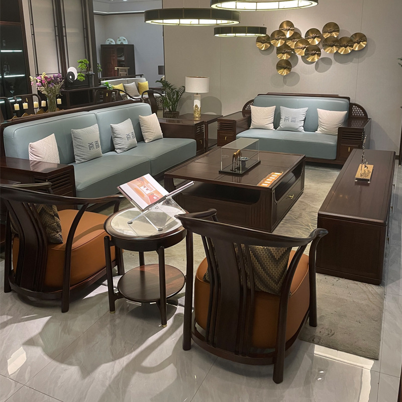 新中式实木沙发组合现代简约皮艺小户型禅意中国风乌金木客厅家具