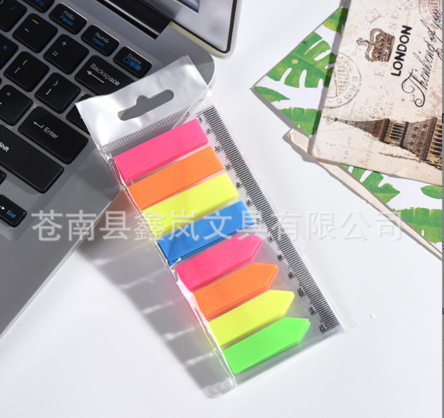 创意8条彩色荧光标签贴 荧光膜4平头4箭头PET便利贴 带印刷logo