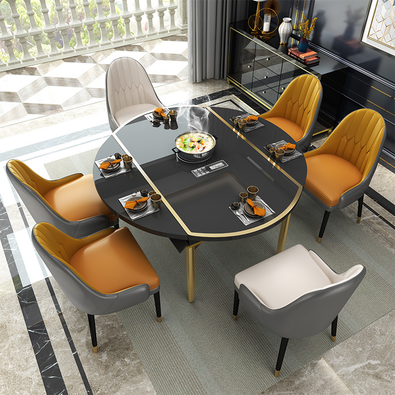 家用钢化玻璃餐桌带电磁炉餐桌椅组合客厅可伸缩折叠圆形吃饭桌