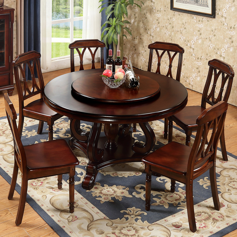 美式实木餐桌椅组合4人6人8人饭桌 复古做旧1.3/1.5米圆桌带转盘