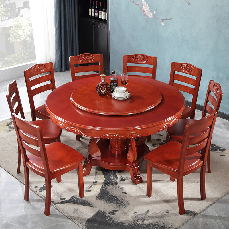 新中式实木餐桌椅组合橡木雕花带转盘大圆桌10人家用圆形吃饭桌子