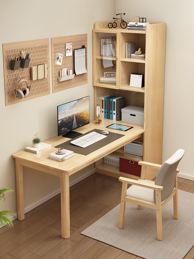 实木转角书桌书架组合带书柜一体现代简约卧室学习桌家用电脑桌椅