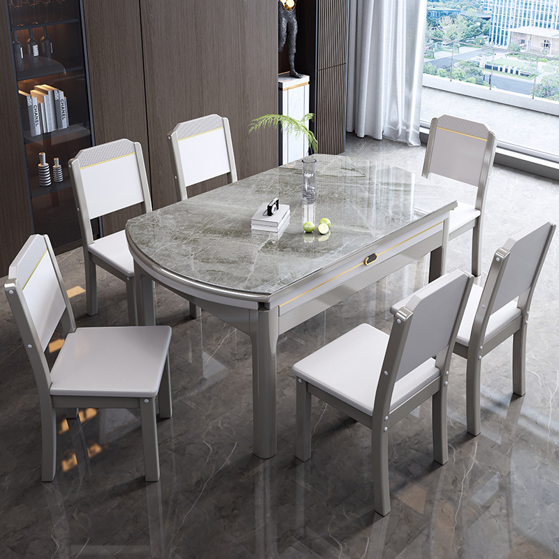 岩板餐桌椅组合现代简约轻奢家用小户型伸缩折叠实木饭桌可变圆桌