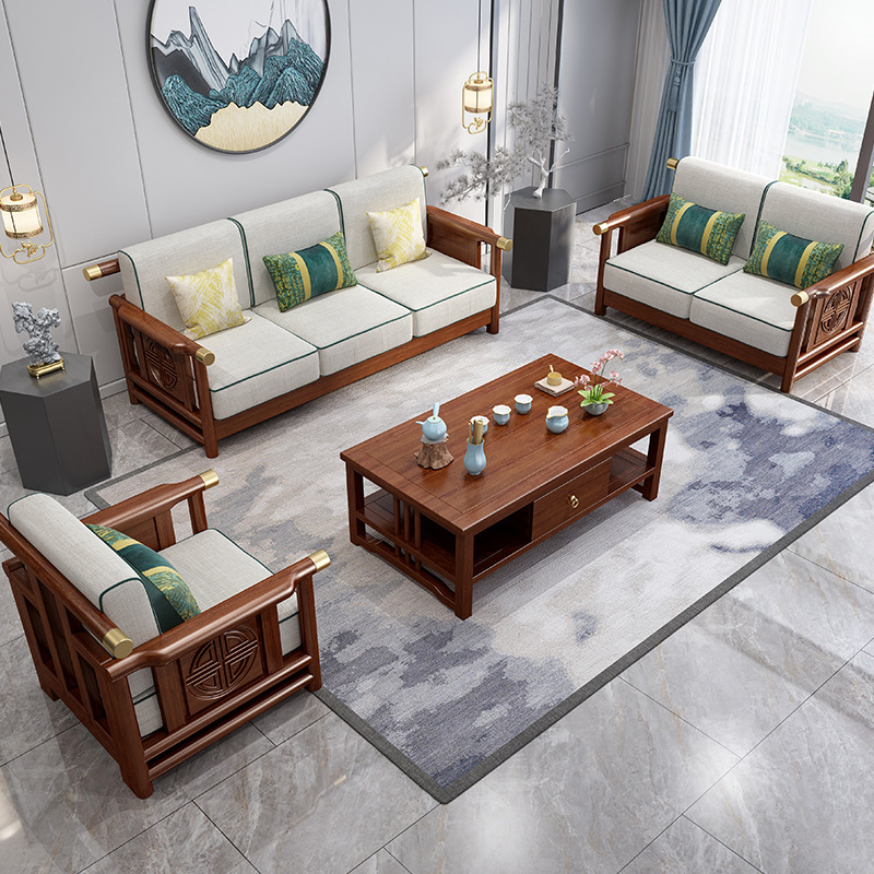 新中式实木沙发组合大小户型客厅木加布123沙发简约现代一件代发