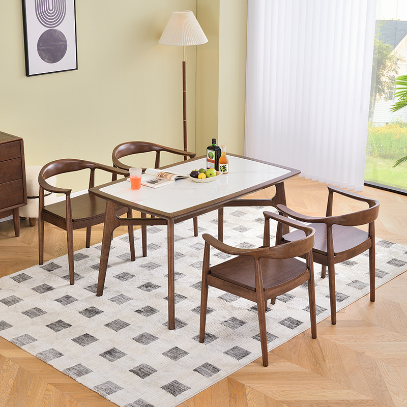 北欧实木岩板餐桌椅组合简约现代餐厅长方形西餐桌胡桃木色吃饭桌