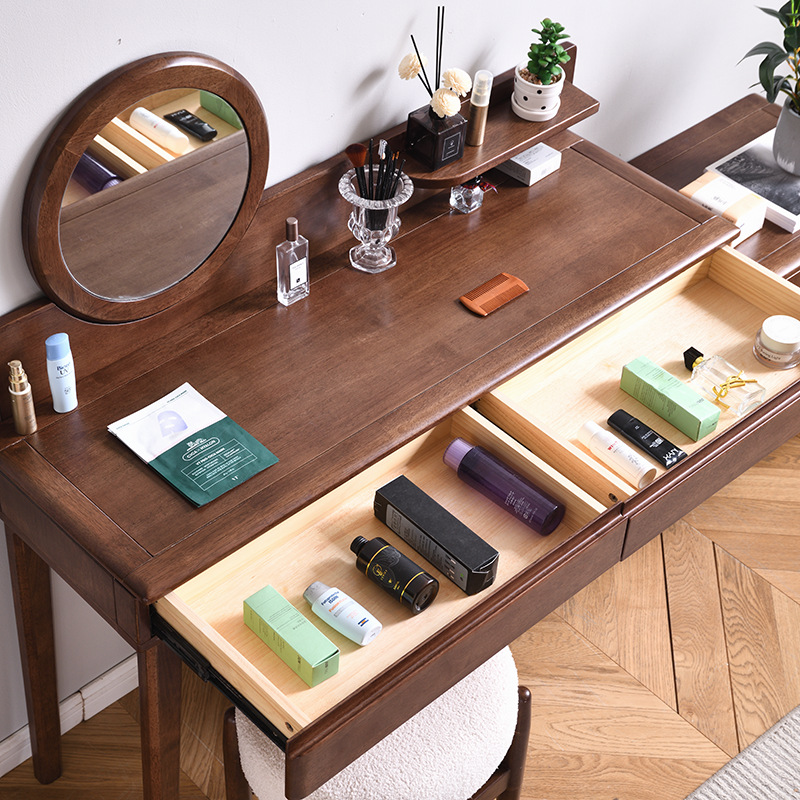 梳妆台斗柜一体组合卧室北欧黑胡桃木色化妆桌可伸缩书桌收纳柜