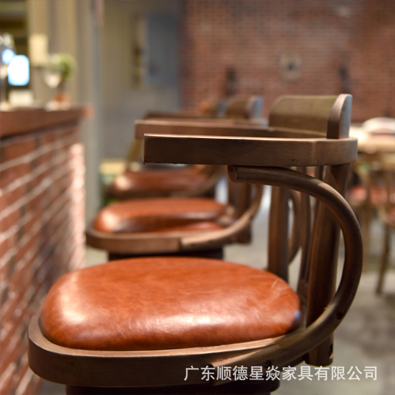 吧台椅美式复古高脚凳家用吧椅可旋转酒吧实木桌椅轻奢前台靠背椅