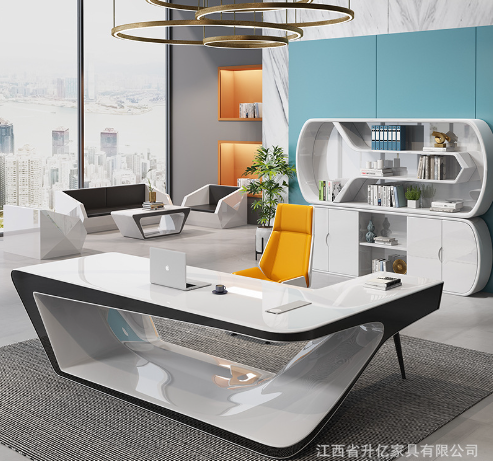 科技感高档时尚老板办公桌椅组合简约白色轻奢创意烤漆总裁桌现代