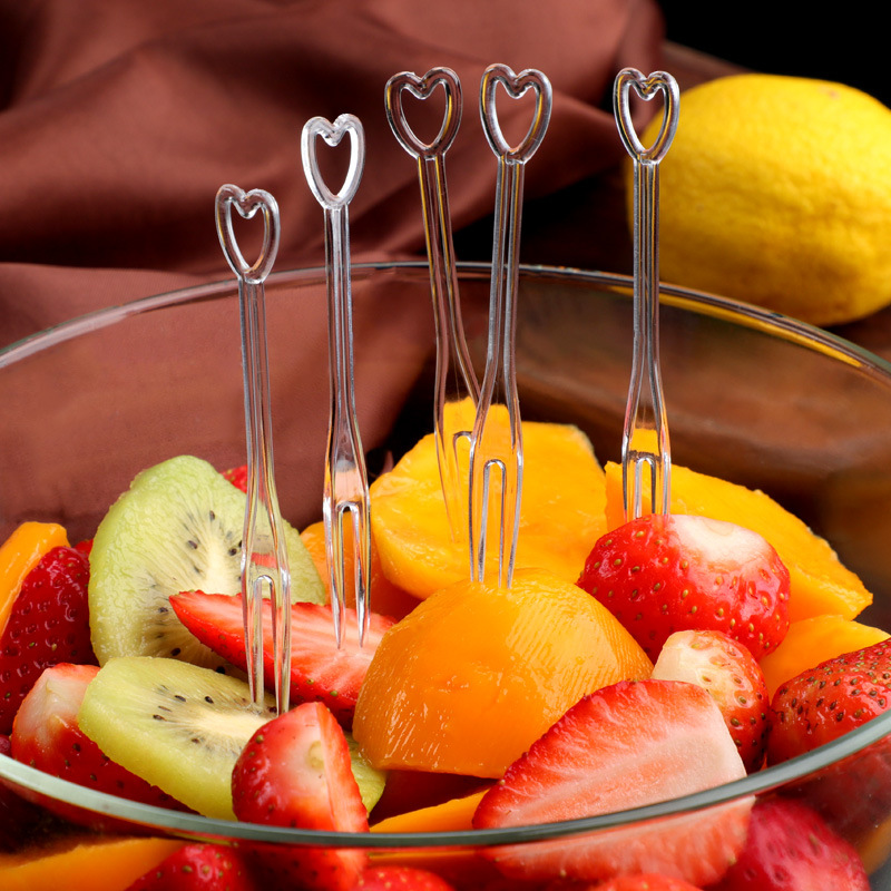 批发一次性水果叉家用小叉子塑料水果签插透明独立包装创意爱心叉