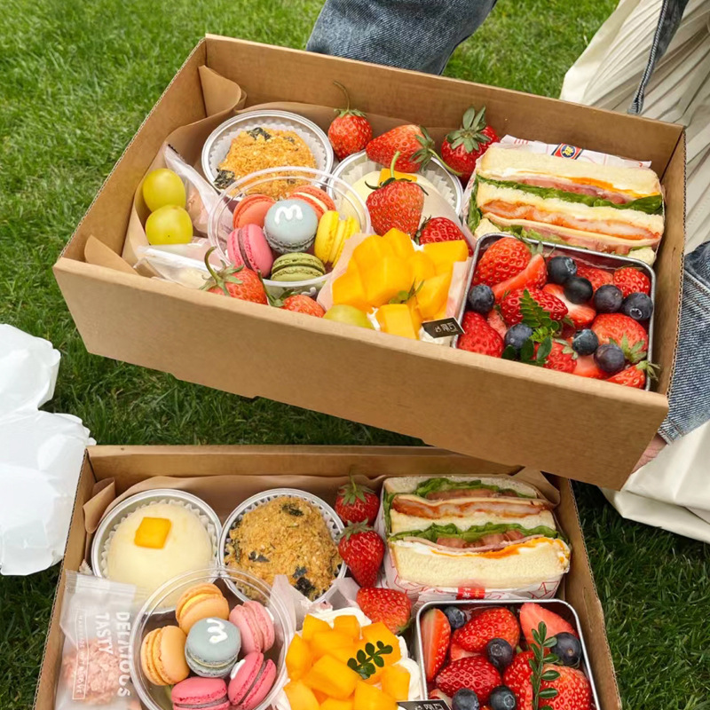 开窗牛皮纸露营野餐盒甜品蛋糕盒野餐打包盒野餐盒子一次性 纸盒