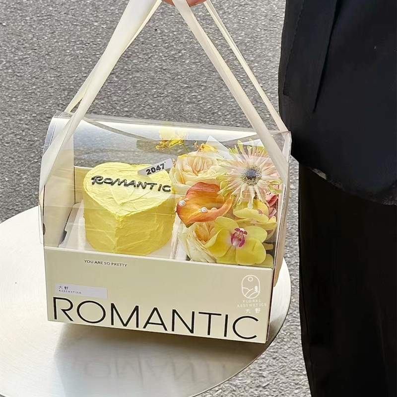 网红520情人节鲜花蛋糕盒情侣告白蛋糕透明手提盒鲜花创意包装盒