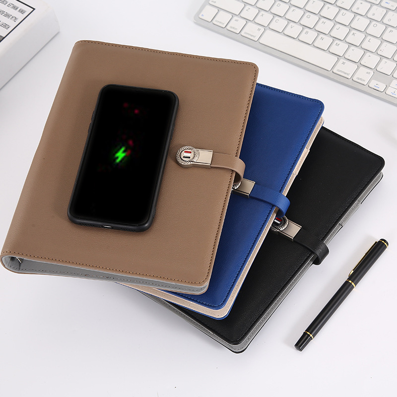 充电笔记本移动电源办公笔记本套装16GU盘带充电宝仿皮活页笔记本