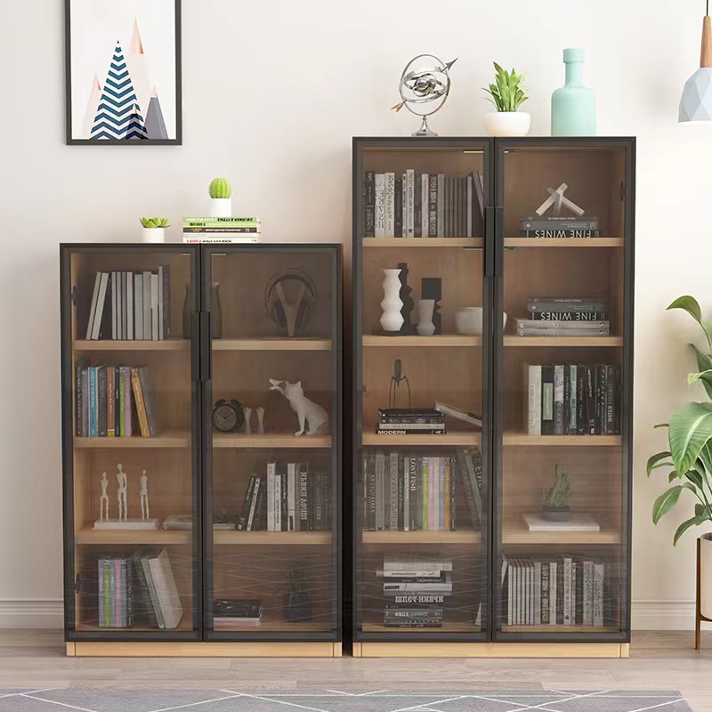 现代简约全实木玻璃门书柜落地防尘书橱储物柜可调节层收纳柜带灯