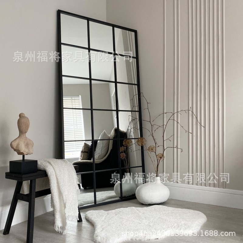北欧现代简约方形壁挂室内落地全身穿衣镜铁艺复古玄关金属装饰镜