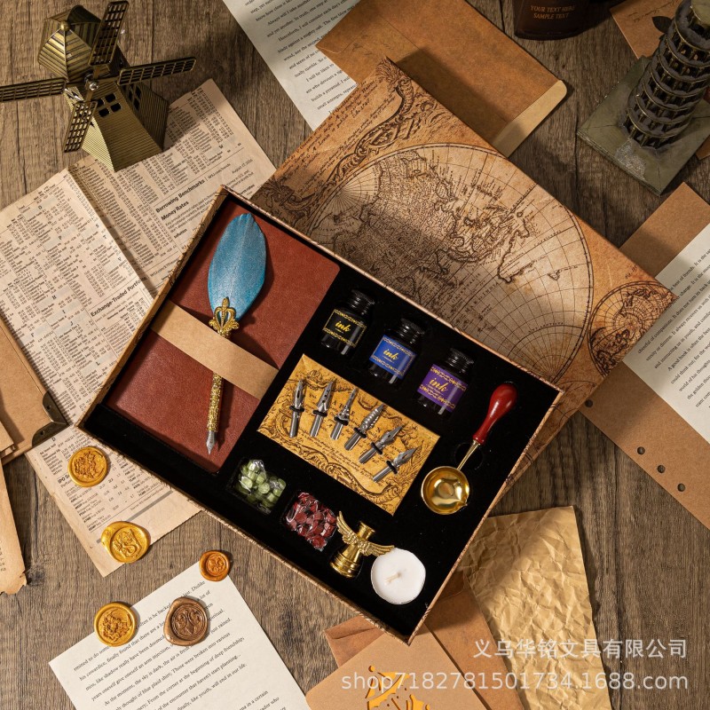 欧式复古珠光羽毛蘸水钢笔学生创意火漆印章雕花杆笔记本套装礼物