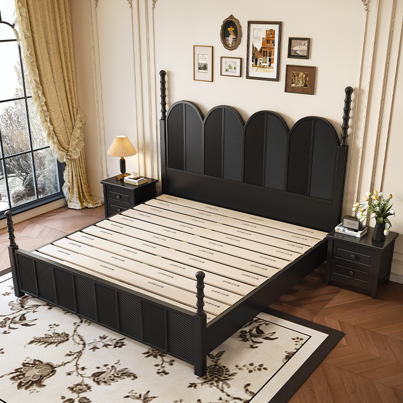 法式复古中古风全实木床雕花罗马柱黑色美式轻奢主卧床婚床公主床