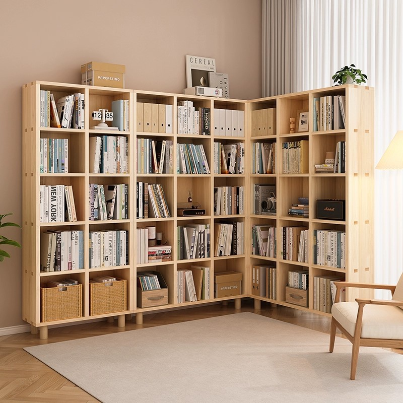 转角书柜置物架全实木简约书架家用客厅一体靠墙展示柜