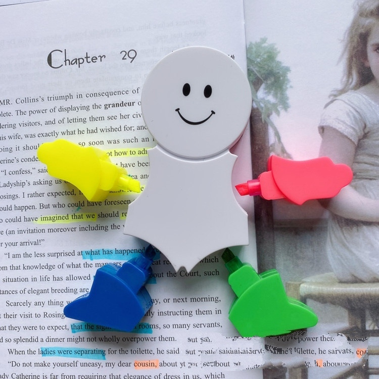 创意文具卡通多功能4色键盘刷荧光笔人形荧光标记涂鸦笔 厂家直销