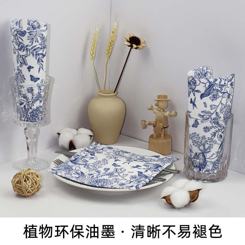 青花瓷餐巾纸单色素描花鸟印花酒店主题餐厅聚会一次性纸巾工厂
