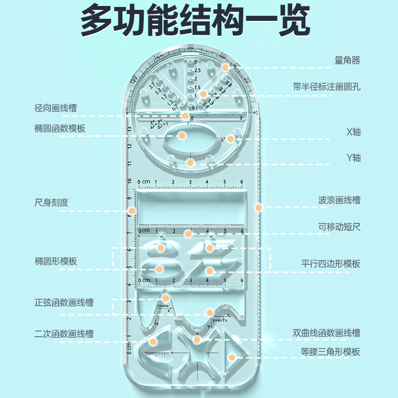 悟生多功能函数尺专用量角器绘图尺快速画圆几何万能尺模版直尺